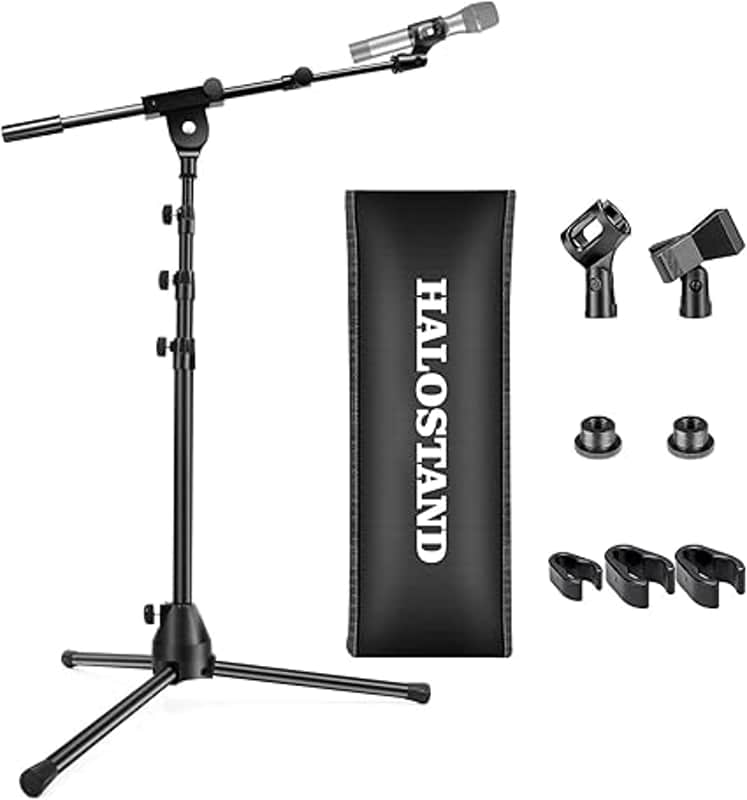 Microphone Stand Floor Foldable Mic Stand Heavy Duty Tripod Boom Arm with 2 Screws Adapter 2 Mic Clips 2 Foam Covers and Carrying Bag for Singing Karaoke Stage HLS02 image 1