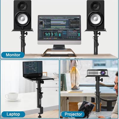 Pair of Studio Monitor Speaker Stands with 12° Tilt, Height Adjustable 10.4"-15.4", Heavy Duty Desktop Desk Clamp Mount for Monitor Speakers, Laptop, Projector & CD Player image 3