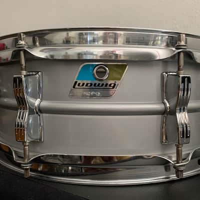 Ludwig L-404 Acrolite 5x14" 8-Lug Aluminum Snare Drum with Rounded Blue/Olive Badge 1979 - 1993 - Gray image 2