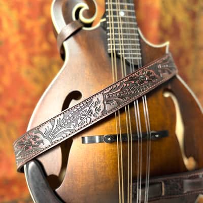 Walker And Williams M-22-RD Mahogany Red Leather Premium Padded Mandolin Strap With Live Oak Design image 9