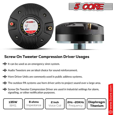 5 Core Compression Driver 135W RMS 8 Ohm Titanium Horn Throat Tweeter Speaker 18 TPI Threading - 2PCS image 2