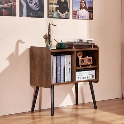 Vintage 2-Tier Record Player Stand with Adjustable Shelves – Solid Wood Turntable Table with 3 Cabinets & Vinyl Album Storage image 2