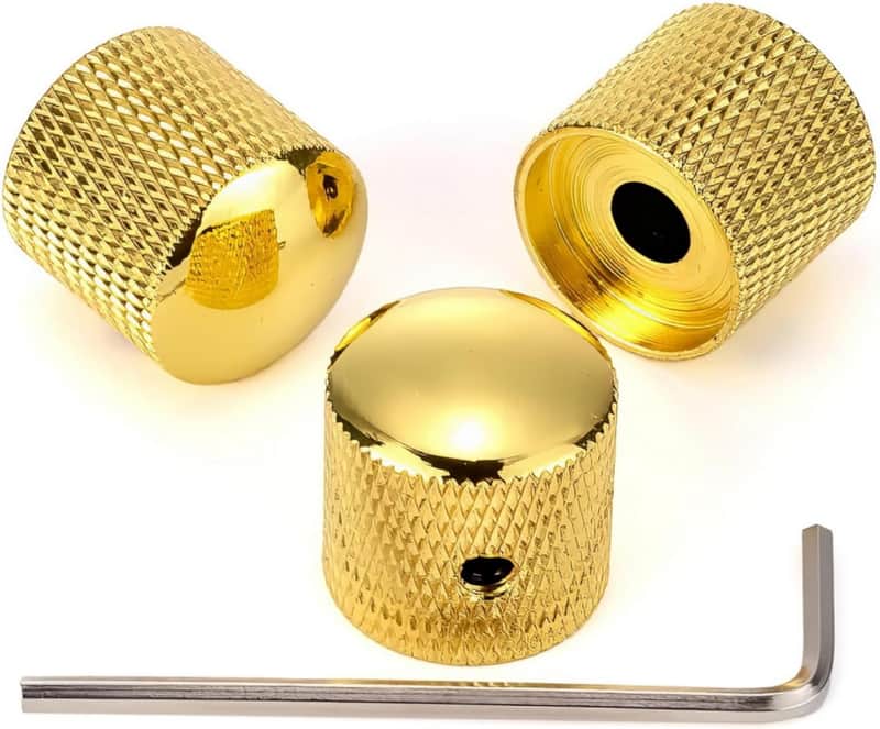 3PCS Metal Volume Tone Dome Guitar Speed Control Knurled Shaft Pots Knobs with Keys Screws Set for Electric Guitar or Bass (Gold) image 1