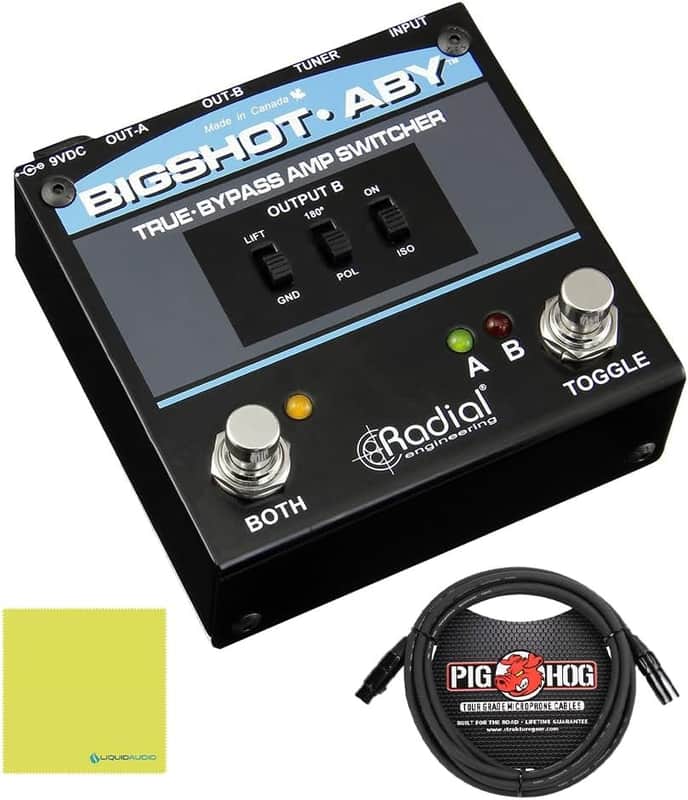 Radial Bigshot ABY True Bypass Switcher Bundle with Pig Hog 10ft Microphone Cable and Liquid Audio Instrument Polishing Cloth - ABY Pedal, Amp Switcher Pedal image 1