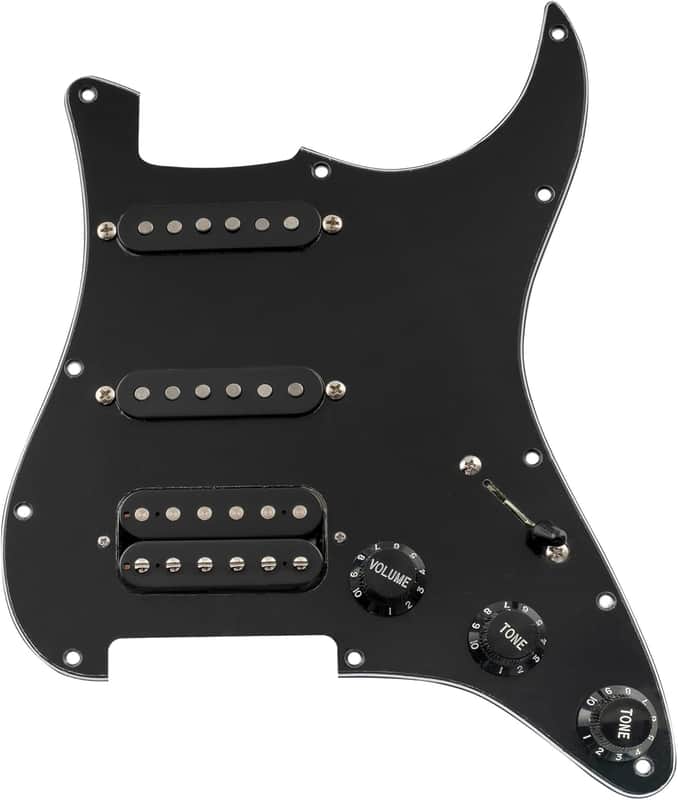 Pro Auto-Split HSS Loaded Pickguard ST Prewired Pickguard with Artec Alnico 5 Single Coil Humbucker Pickups for American/Mexico Import Squier Strat Electric Guitar, 3ply Black image 1