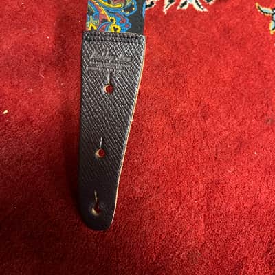 Bobby Lee Black blue orange paisley and brown leather guitar strap 1960s image 2