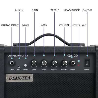 Demusea Electric Guitar Amplifier 20w Guitar Amp Starter Beginner Practice Small Portable Travel Headphone Aux Distortion Gain Treble Bass Volume Noiseless Cable Adapter Pick Aux Cable Earphone (BK) image 2
