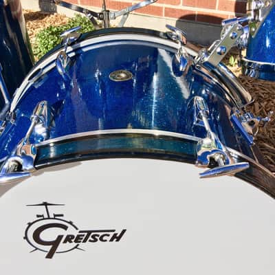 1959/60 Gretsch Round Badge Broadkaster Name-Band Drum Set - Blue Glass Glitter 22/13/16/5x14 Snare image 6