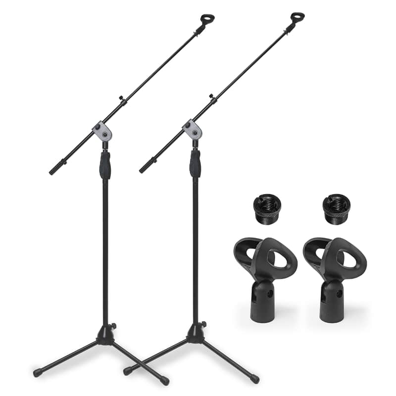 AxcessAbles AXCMS-201TB One Hand Microphone Stand with Tripod Base and Quick Grip Height Adjustment - Telescoping Mic Boom Arm Included. Tall Microphone Stand for Singing 2-Pack image 1