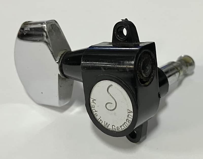 Schaller- Chrome/black plastic tuner, treble side, Vintage image 1