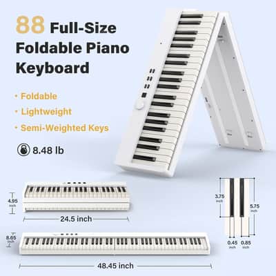 88 Key Keyboard Piano Portable Folding Piano with Semi-Weighted Keyboard, 128 Tones, USB MIDI, Sustain Pedal, Music Stand for Beginners Gifts, White image 2
