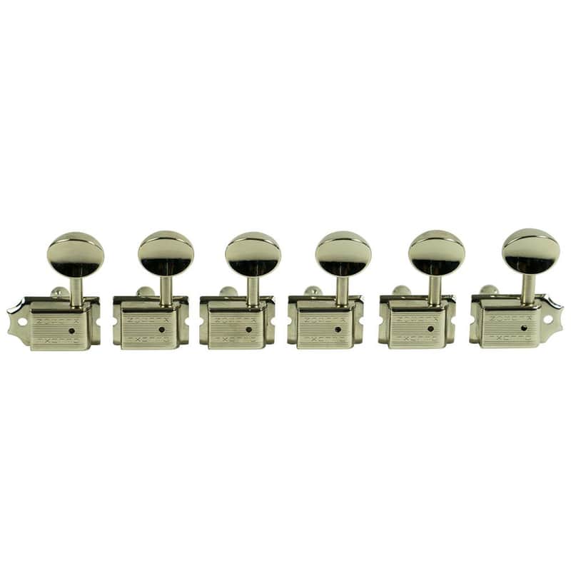 Kluson 6 In Line Left Hand Deluxe Series Tuning Machines - Double Line - Drilled Post - Nickel With Oval Metal Buttons image 1
