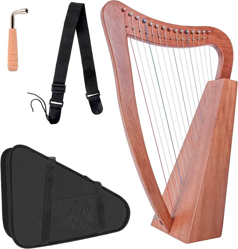 15 Strings Mahogany Harp 22 Inch Height for Adult Professional Beginner with Tuning Wrench,Black Gig Bag,Strap (NO Spare String, International Standard Strings) image 1