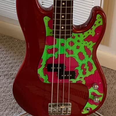 1998 New old stock MIM Fender electric bass guitarAlnico pickups Hand painted pick guard Fender Precision body , Jazz neck 1998 - Red with graphics image 1