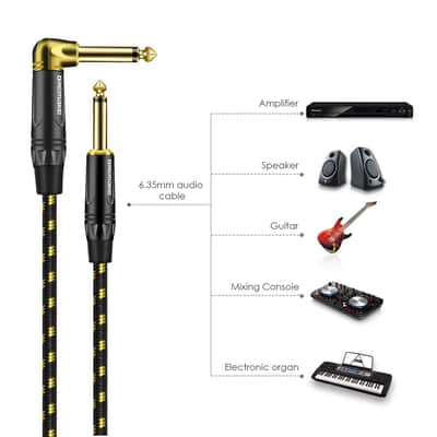 1/4 Guitar Amp Straight To Right Angel Patch Cord, 6 Feet Quarter Inch Cable Black/Yellow Braided Tweed, Jack 6.35Mm 1/4 Inch Guitar Cable For Electric Guitar, Bass, Keyboard To Pa Certified image 5