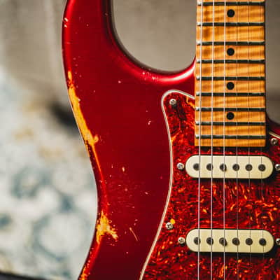 Luxxtone Choppa S Heavy Aging HSS-Candy Apple Red w/Tortoise Pickguard & 1-Piece Roasted Flame Maple Neck image 4