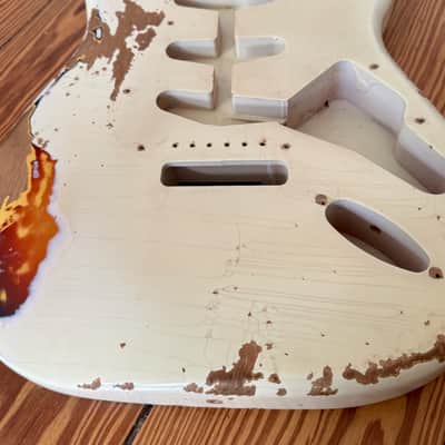 MJT Stratocaster Body, Aged, Reliced, Olympic White Over Three Tone Sunburst image 3