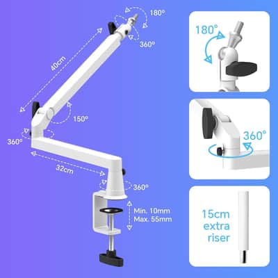 Low Profile Mic Arm Microphone Boom Arm Professional Adjustable with 15cm Riser Solid Desk Mount Clamp Cable Management Microphone Holder Stand for Podcast Streaming Gaming Mic Stand White image 2