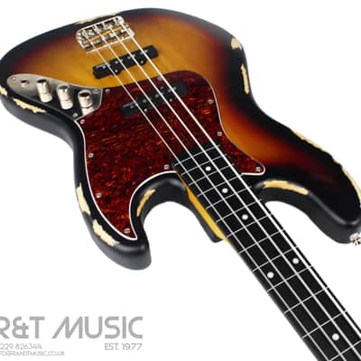 Vintage V74 Icon Fretless Bass Guitar in Distressed Sunset Sunburst w/Upgraded Pickguard image 3