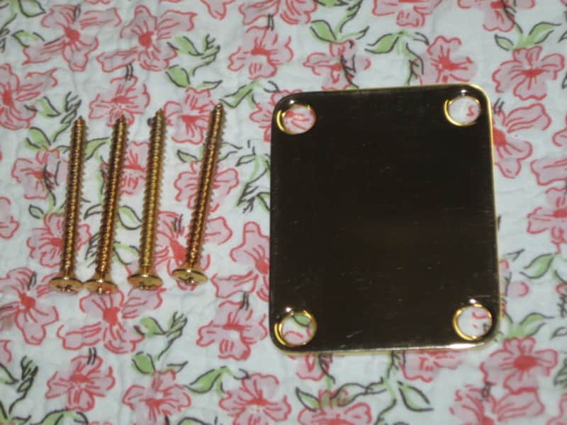 very lightly relic'd genuine Fender Gold Four Bolt Neck Plate (gold plated steel) +screws p/n 0991447200 (blank, NO Micro-Tilt Adjustment) from 2002-2003 SRV Artist Ser Strat (NO guitar) but can be used on dif year guitar / bass] Screws: # 8, 1&1/4" L image 1