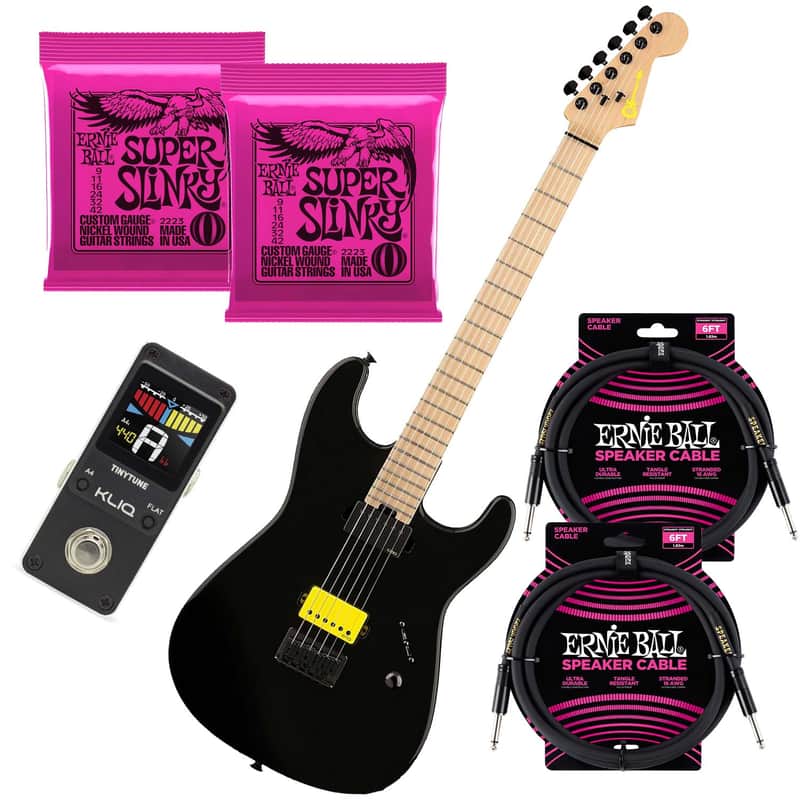 Charvel San Dimas Style 1 SL Sig Electric Guitar, Black, (3) ErnieBall 2223, (2) ErnieBall Cable, KLIQ TinyTune Bundle