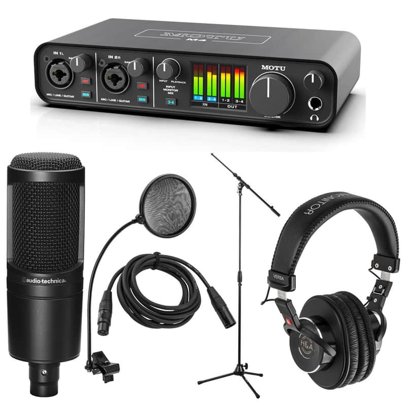 MOTU M4 4x4 USB Type-C Audio Interface for Recording, Mixing & Podcasting Bundle with Audio-Technica AT2020 Microphone, Headphones, Tripod Mic Stand, Filter, Cable image 1