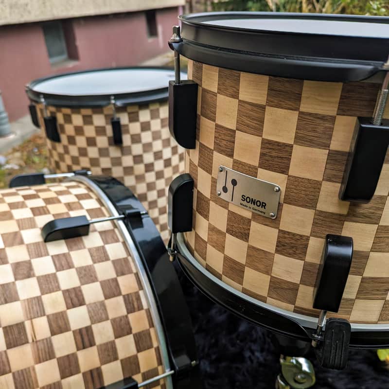 Restored Sonor Swinger Action Vintage 70s Set with Teardrop Badges - Checkerboard Veneer image 1