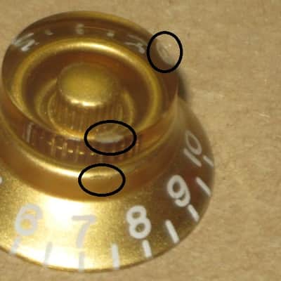 TWO very lightly used genuine Gibson Gold TOP HAT Knobs (ONLY 2 of the 4 knobs from PRHK-020 set are for sale) TOP Edge of ONE OF THE KNOBS has two very short very light nick image 5