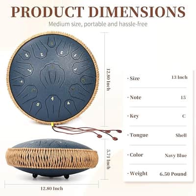 Steel Tongue Drum - 13 Inch 15 Note Tongue Drum, Handpan Musical Instrument for Adults Kids, Steel Drum with Music Book, Steel Drums Instruments with Mallet and Carry Bag, C Major (Navy Blue) image 2