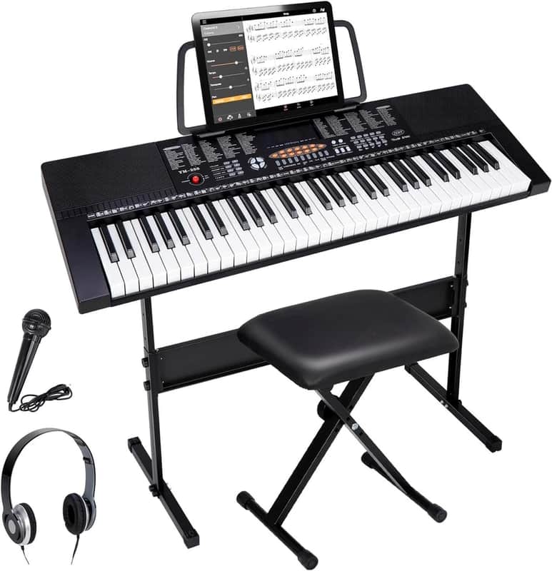 61-Key Portable Digital Keyboard Piano Kit w/ Stand, Stool, Headphones & Mic – Beginner Bundle image 1