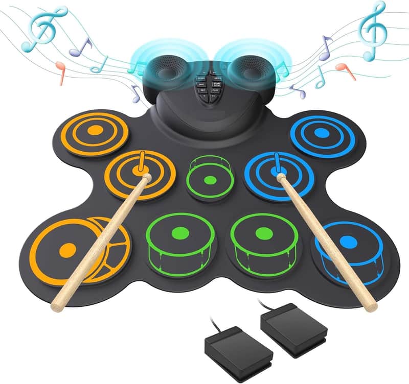 10 Pads Electronic Drum Sets,Electric Drum Set,Drum Pad with Headphone Jack, Built-in 2 Speaker Foot Pedals and Drumsticks, Kids Drum Set Compatible with MIDI Output, Christmas gifts for kids image 1