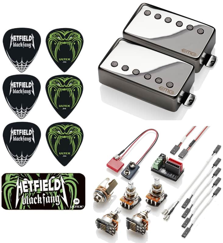 EMG F JH SET JAMES HETFIELD CHROME ACTIVE 52mm FLOYD ROSE SPACED 10mm SHORT SHAFT POTS ( 6 JH BLACK FANG PICKS & TIN ) image 1