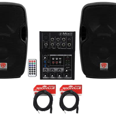 (2) Rockville BPA8 300 Watt 8" Powered Speakers+Mackie 5-Channel Mixer+Cables image 1