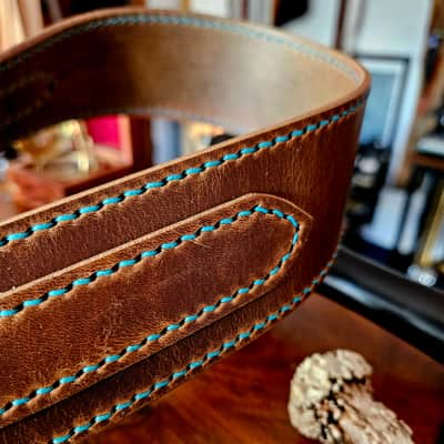 Hand Made, Hand Stitched Guitar strap "Rockatansky" in Taupe & Turquoise- Vegetable Tanned Leather image 19
