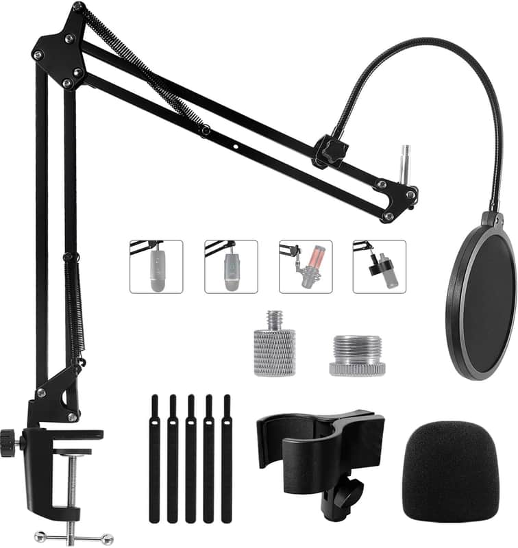 Mic Stand Boom Arm for Blue Yeti, Nano, HyperX QuadCast Snowball Fifine and More Mic, Adjustable Boom Arm Desk Microphone Stand with 3/8" to 5/8" 1/4" Screw, Pop Filter Mic Clip Cable Ties image 1