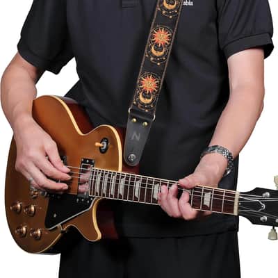 Sun & Moon Embroidered Guitar Strap w/ Leather Ends, Strap Locks & Picks for Acoustic Electric Bass Guitar image 4