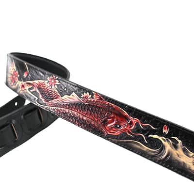 Walker & Williams KB-24 Skinny Black & Ruby Red Carved Grain Leather Strap w/Koi Design image 3