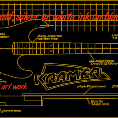 Kramer Baretta guitar blueprint/technical drawing. 22"x46" white or silver ogold ink on black vinyl image 1