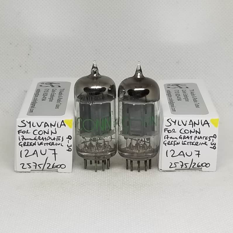 Sylvania Made For Conn 12AU7 Long Gray Plate Very Well Matched (0.9%) Pair NOS 12AU7A ECC82 image 1