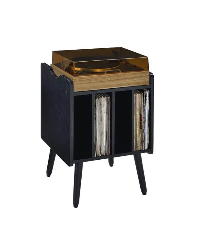 Vinyl Record Player Stand – Turntable Table with 4 Storage Cubbies for Up to 80 Albums (Black) image 1