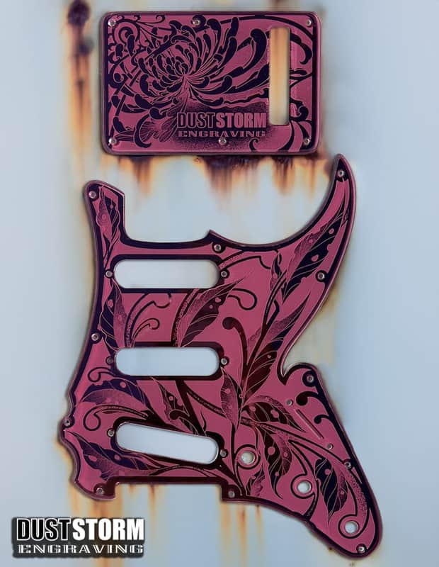 Engraved Pink Mirror Acrylic Pickguard & Tremolo Cover for Fender Stratocaster HSH, HSS, SSS Setups Available image 1