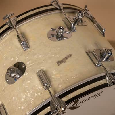 Vintage Rogers White Marine Pearl Drum Set 14x24 9x13 16x16 and 16x18 image 11
