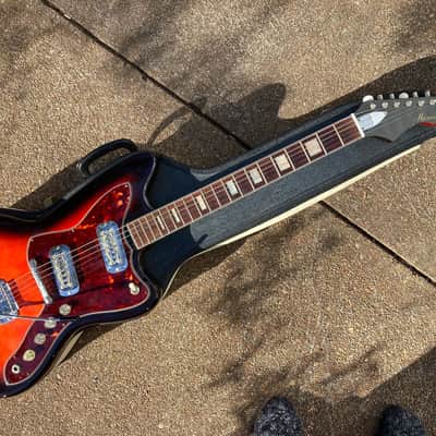 RARE Harmony H19 Silhouette • 1963 - 1968 Cherry Red Shaded • Hagstrom Tremolo Bar + DeArmond Mustache Gold Foil Pickups • With Vintage Original Case image 9