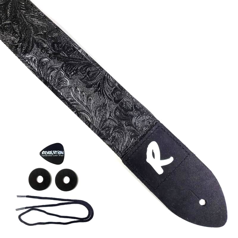 Black Vegan Leather Guitar Strap - Black Tooled Faux Leather Guitar Strap - Genuine Leather Ends -Fits Acoustic, Electric or Bass Guitars image 1