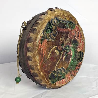 Antique Chinese Hand Painted Dragon & Phoenix Tack Drum Double Sided Percussion image 2