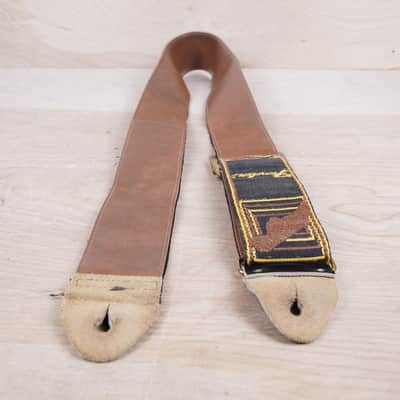 Fender Guitar Strap 1970s Black / Yellow with Brown Leather Back Vintage image 4