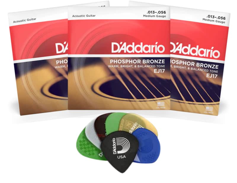 D'Addario 3 EJ17 Phosphor Bronze strings 13|56 + Medium Acoustic Guitar pick variety pack image 1
