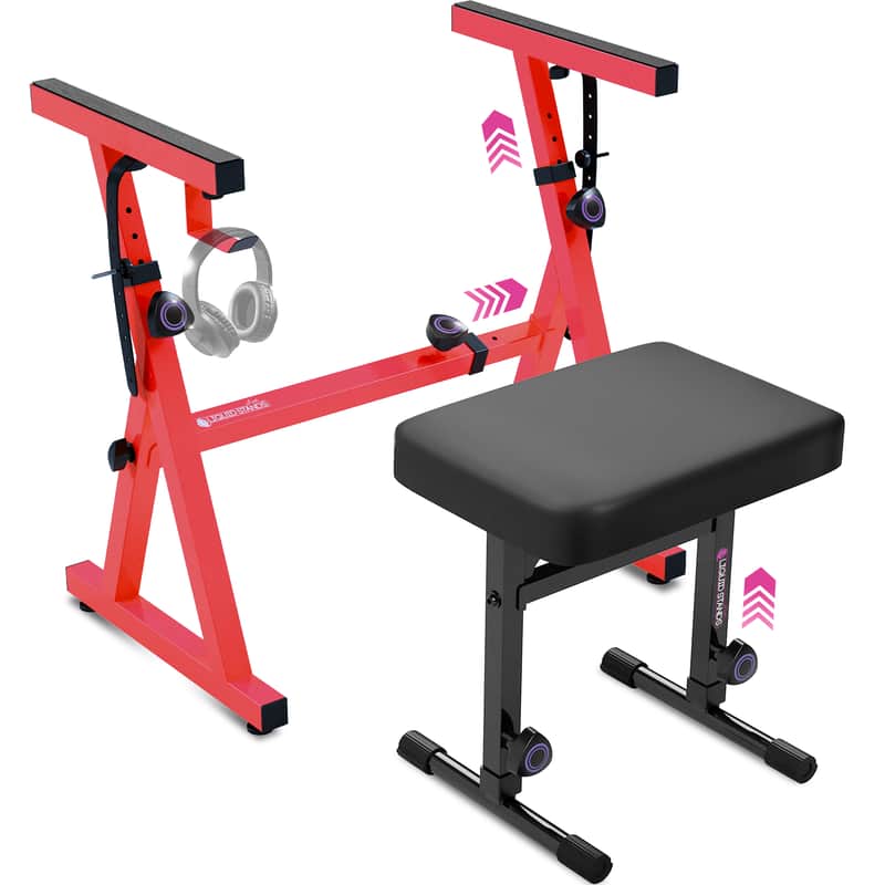 Liquid Stands Red Piano Keyboard Stand and Bench Set - For 54-88 Key Electric Pianos - Sturdy Keyboard Music Stand and Seat image 1