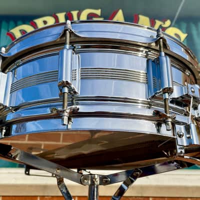 1960s Rogers 5x14 Dyna-Sonic 5-Line Snare Drum Chrome Over Brass Dynasonic COB image 8