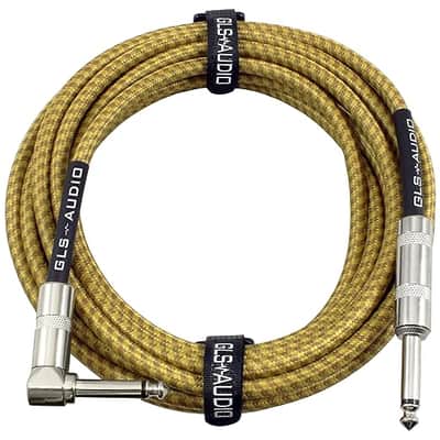 Instrument Cable - Amp Cord for Bass & Electric Guitar - Straight to Right Angle 1/4 Inch Instrument Cable - Brown/Yellow Braided Tweed, 20ft image 1